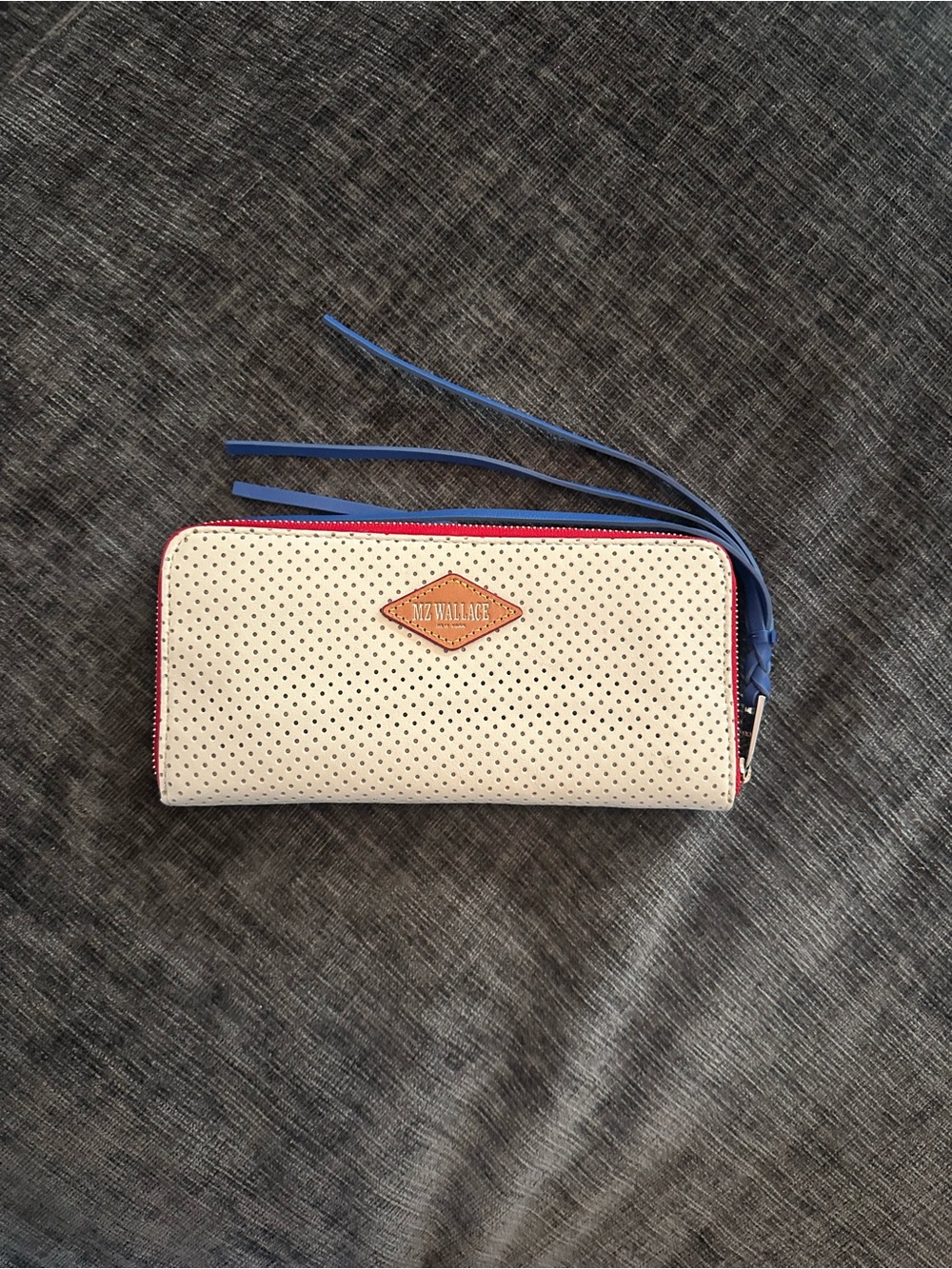MZ Wallace White Perforated Zip Wallet with Blue and Red Accents. Rare